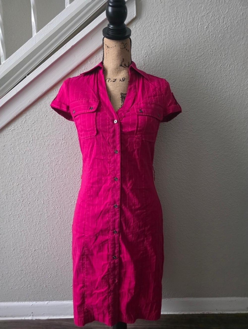 Vintage Express Dress Hot Pink Office Siren Y2K Minimalist Button Down Size 4